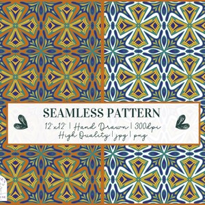 Puede incluir: Cuatro paneles que muestran un patrón floral sin costuras en tonos azules, amarillos y naranjas. El texto "SEAMLESS PATTERN" es visible, junto con detalles sobre el tamaño y la calidad del diseño. El patrón mide 30,48 x 30,48 cm.