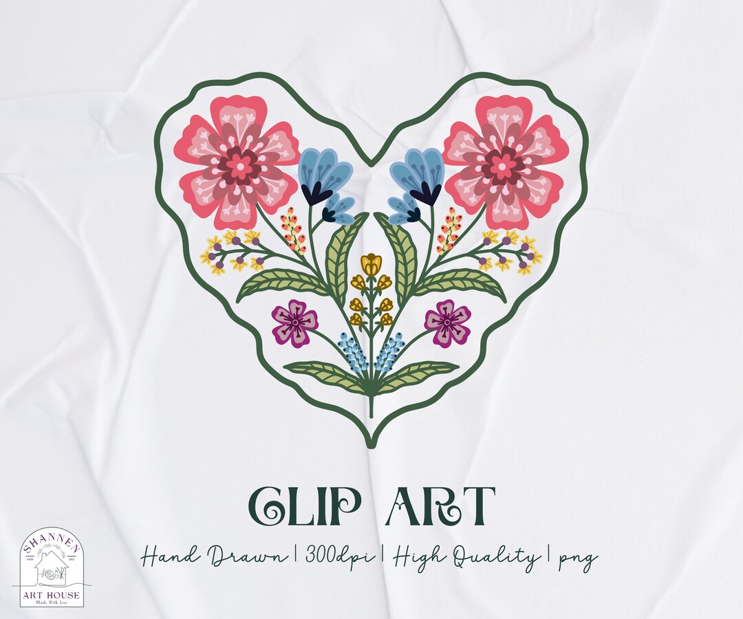 Folk Floral Heart Clip Art PNG Wall Art | Hand Drawn Boho Flower ...