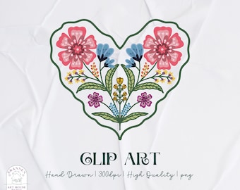 Folk Floral Heart Clip Art: Hand-Drawn Boho Illustration (PNG Digital Download)