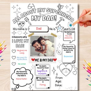 Alles über meinen Vater Druckbarer Vatertag, Mein Superheld Vater, Vatertagsfragebogen, Vatergeschenk von Kindern, Farbkartenaktivität