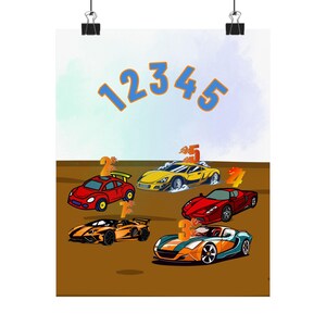 Póster de aprendizaje infantil de coches de carreras, decoración para habitación infantil, arte mural educativo, aprendizaje de números, decoración de sala de juegos
