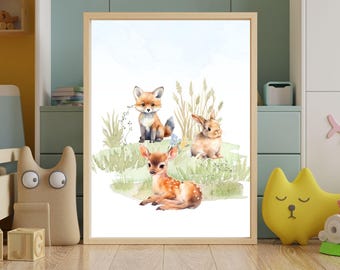 Woodland Animal Prints | Squirrel, Rabbit, Deer in the forest | Digital Print