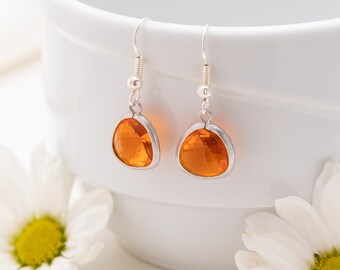 Cute Orange Earrings, Tangerine Drop Earrings, Indian Yellow Dangle Earrings, Silver Crystal Earrings, Bridesmaid Earrings