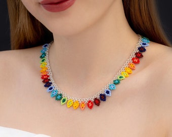 Beaded Silver Necklace, Gift Under 25, Minimalist Rainbow Necklace, Dainty Choker Necklace, Casual Jewelry