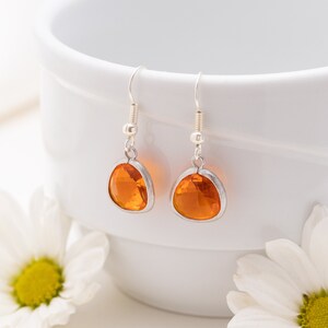 Cute Orange Earrings, Tangerine Drop Earrings, Indian Yellow Dangle Earrings, Silver Crystal Earrings, Bridesmaid Earrings Silver