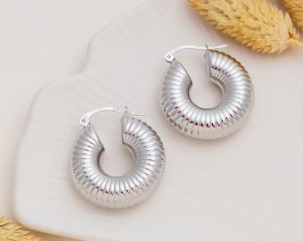 Chunky Hoop Earrings, Silver Thick Huggies, Thick Hoop Earrings, Vintage Hoop Earrings, Silver Snail Hoops