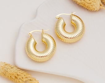 Thick Gold Chunky Hoops, Gold Earrings Hoop, Thick Hoop Earrings, Retro Snail Hoops, Waterproof Jewelry