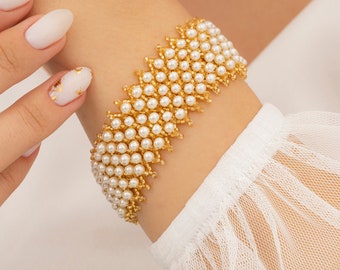 Bridal Gold Bracelet, Pearl Cuff Bracelet, Jewelry Gift for Women, Gold Wedding Idea, Bridesmaid Jewelry