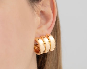 Gold Triple Earrings, Stud Hoop Earrings, Unique Hoop Earrings, Multi Layered Design, Perfect Gift for Her