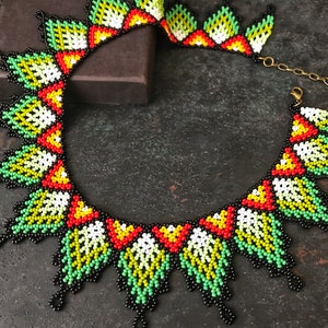 Boho Huichol Necklace, Beaded Statement Necklace, Bib Collar Necklace, African Jewelry, Gift For Woman Green