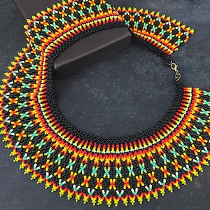 Beadwoven Huichol Necklace, Beaded Statement Necklace, Boho Chic Necklace, Bib Collar Necklace, Vibrant Colors