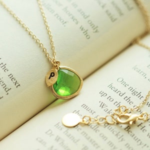 Personalized Peridot Necklace, Apple Green Necklace, Gold charm Necklaces, Bridesmaid Gift, Gift for Her