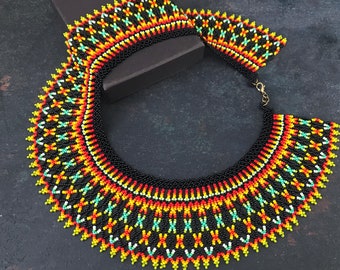 Beadwoven Huichol Necklace, Beaded Statement Necklace, Boho Chic Necklace, Bib Collar Necklace, Vibrant Colors