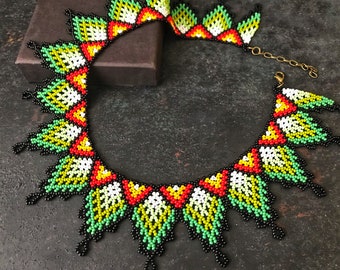 Boho Huichol Necklace, Beaded Statement Necklace, Bib Collar Necklace, African Jewelry, Gift For Woman