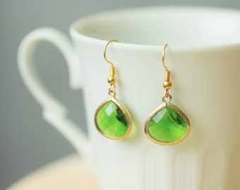 Peridot Gold Earrings, Glass Dangle Earrings, Apple Green Earrings, August Birthstone Jewelry, Bridesmaid Earrings