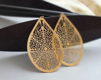 Gold Huge Earrings, Laser Cut Earrings, Gothic Filigree Earrings, Gift for Girlfriend, Big Bold Earrings, Art Deco Jewelry