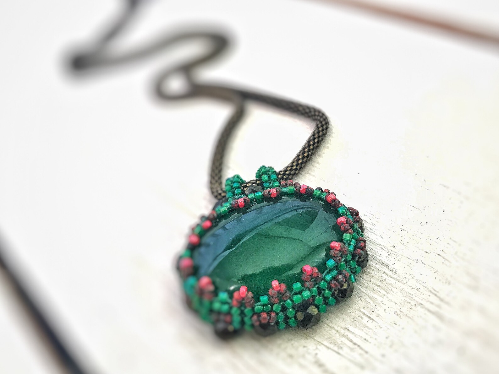 Emerald Cabochon Pendant Necklace Herringbone Stitch Beaded Etsy
