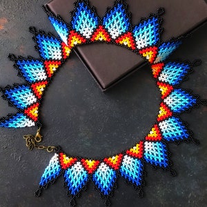 Boho Huichol Necklace, Beaded Statement Necklace, Bib Collar Necklace, African Jewelry, Gift For Woman Blue