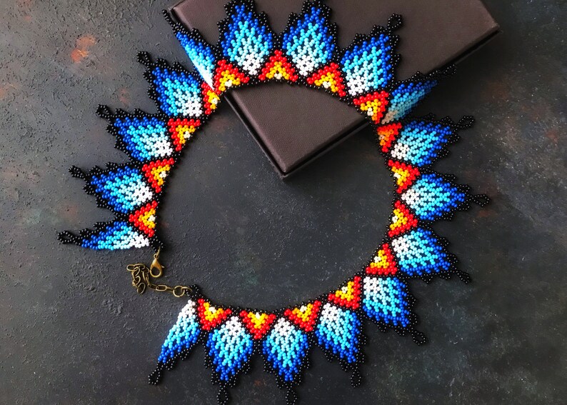 Boho Huichol Necklace, Beaded Statement Necklace, Bib Collar Necklace, African Jewelry, Gift For Woman Blue