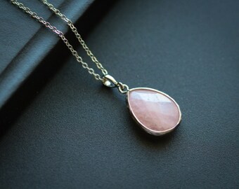 Rose Quartz Necklace, Healing Crystal Necklace, Silver Layered Necklace, Raw Stone Rose Necklace, Grandma Jewelry