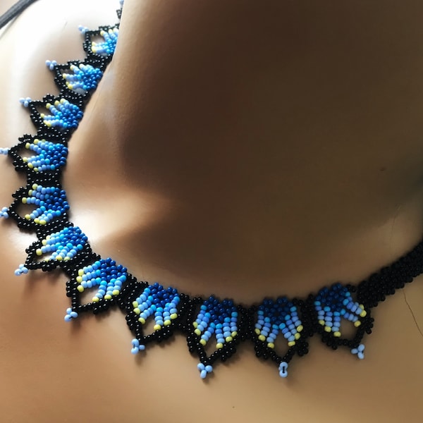 Blue Huichol Necklace, Something Blue, Simple Casual Necklace, Filigree Evening Collar, Hand Woven Collar