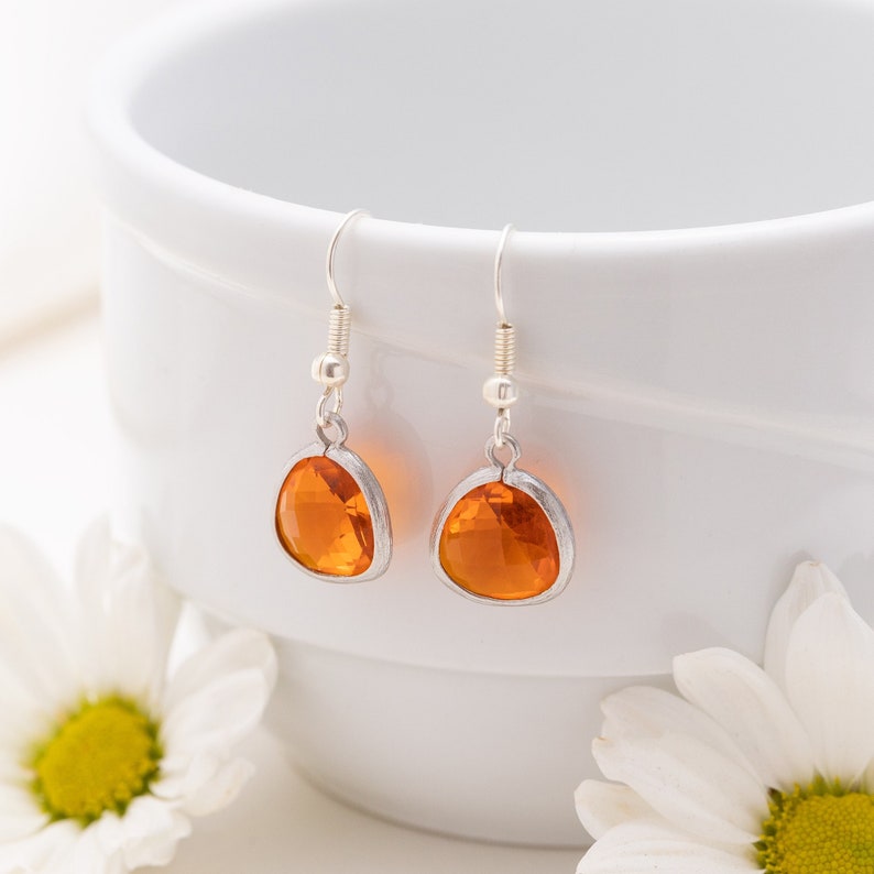 Cute Orange Earrings, Tangerine Drop Earrings, Indian Yellow Dangle Earrings, Silver Crystal Earrings, Bridesmaid Earrings Silver