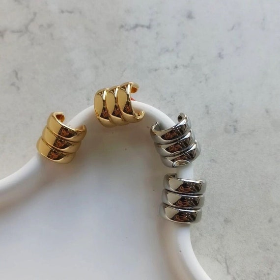 Triple Stud Earrings, Gold and Silver Hoops, Unique Hoop