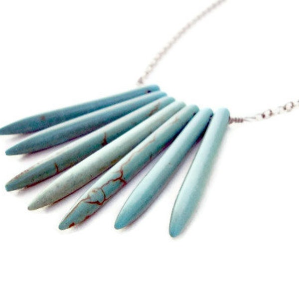 Tribal Necklace, Turquoise Sticks Bar Necklace, Statement Necklace, Aqua Blue Spike Row Necklace, Silver Plated Chain, Trapeze Necklace