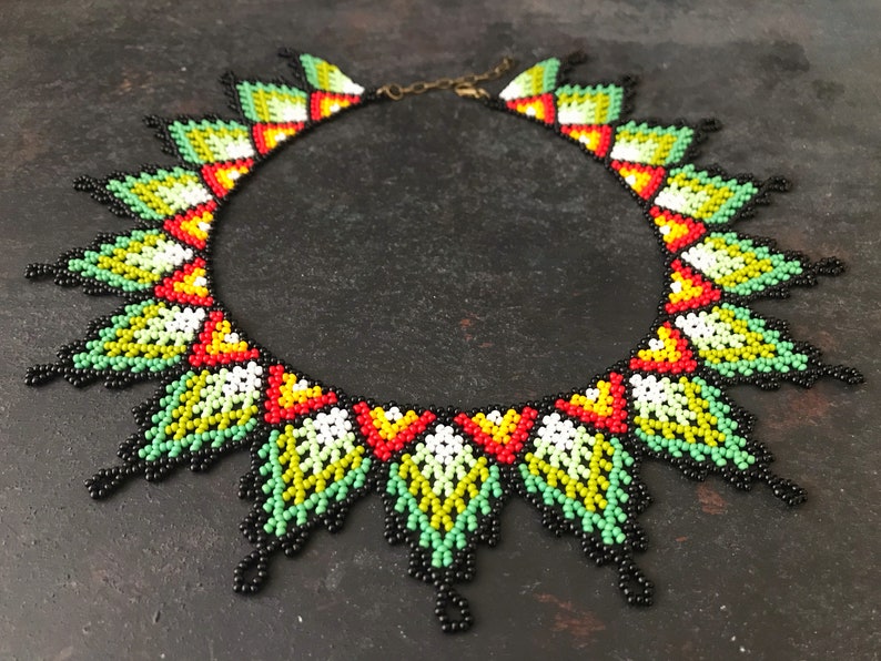 Boho Huichol Necklace, Beaded Statement Necklace, Bib Collar Necklace, African Jewelry, Gift For Woman image 2