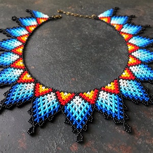 Boho Huichol Necklace, Beaded Statement Necklace, Bib Collar Necklace, African Jewelry, Gift For Woman image 8