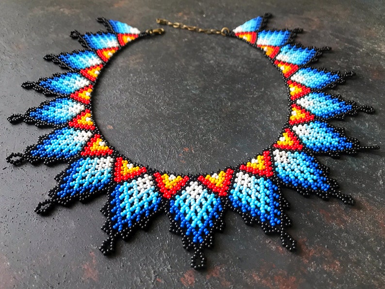 Boho Huichol Necklace, Beaded Statement Necklace, Bib Collar Necklace, African Jewelry, Gift For Woman image 8