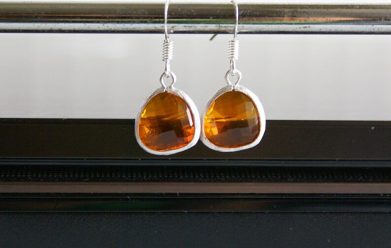 Cute Orange Earrings, Tangerine Drop Earrings, Indian Yellow Dangle Earrings, Silver Crystal Earrings, Bridesmaid Earrings zdjęcie 3