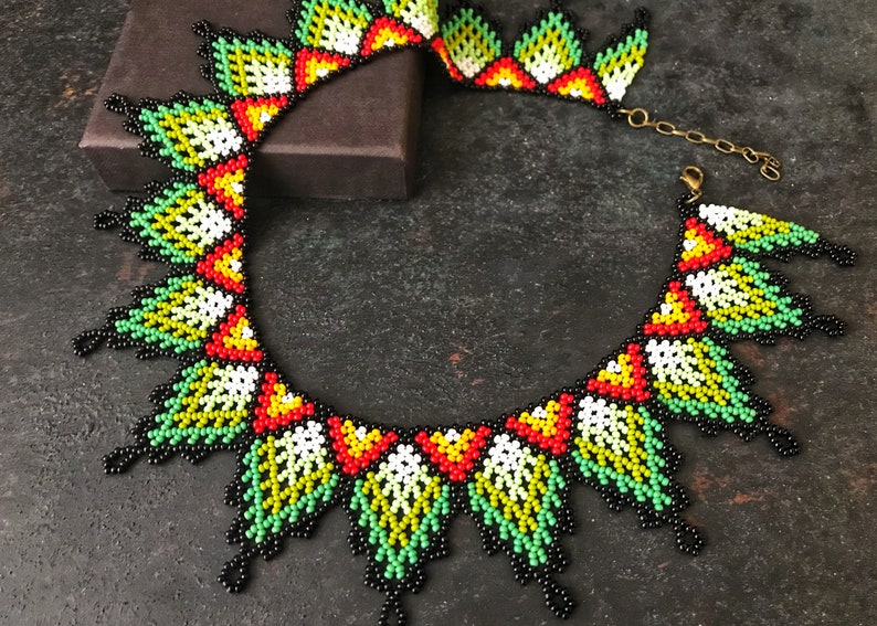 Boho Huichol Necklace, Beaded Statement Necklace, Bib Collar Necklace, African Jewelry, Gift For Woman Green