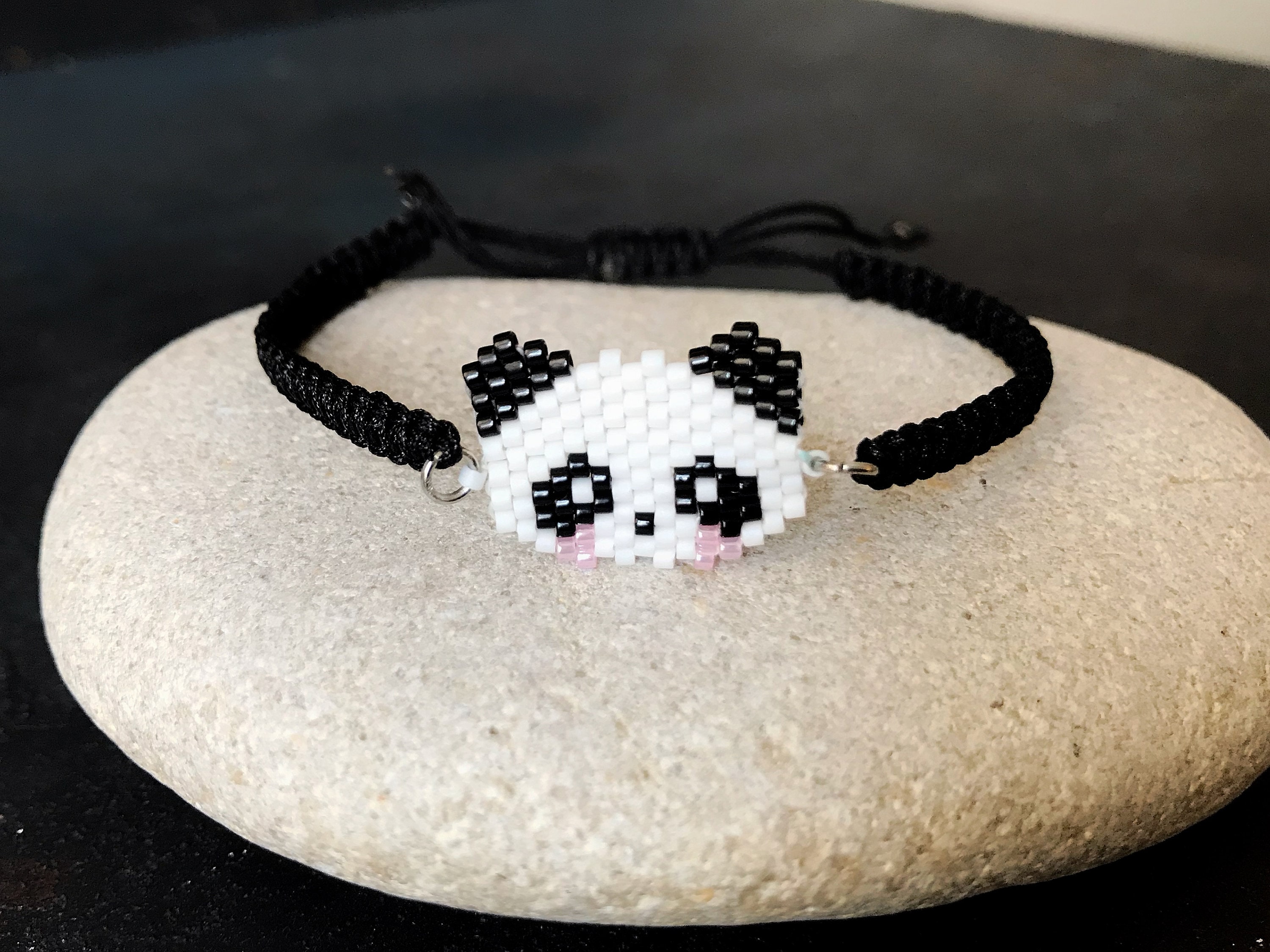 Handmade Panda Bear Charm Bracelet: Beaded Macrame Adjustable Jewelry