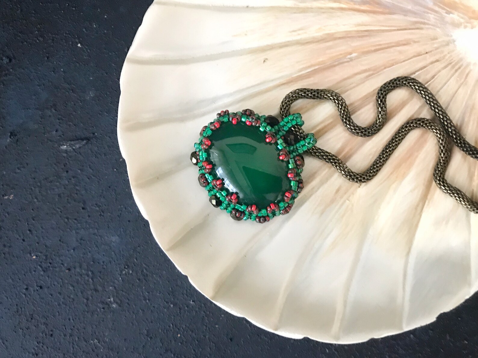 Emerald Cabochon Pendant Necklace Herringbone Stitch Beaded Etsy