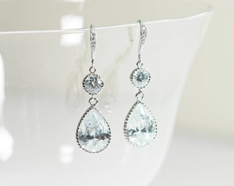 CZ Teardrop Dangle Earrings, Crystal Bridesmaids Earrings, Dangle Drop Earrings, April Birthstone