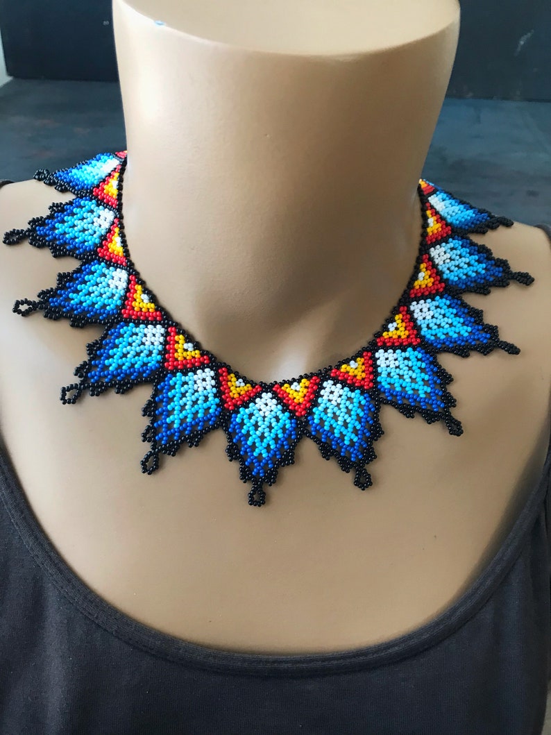 Boho Huichol Necklace, Beaded Statement Necklace, Bib Collar Necklace, African Jewelry, Gift For Woman image 6