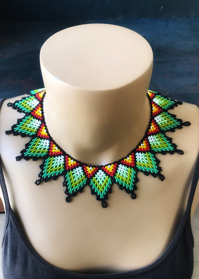 Boho Huichol Necklace, Beaded Statement Necklace, Bib Collar Necklace, African Jewelry, Gift For Woman image 5