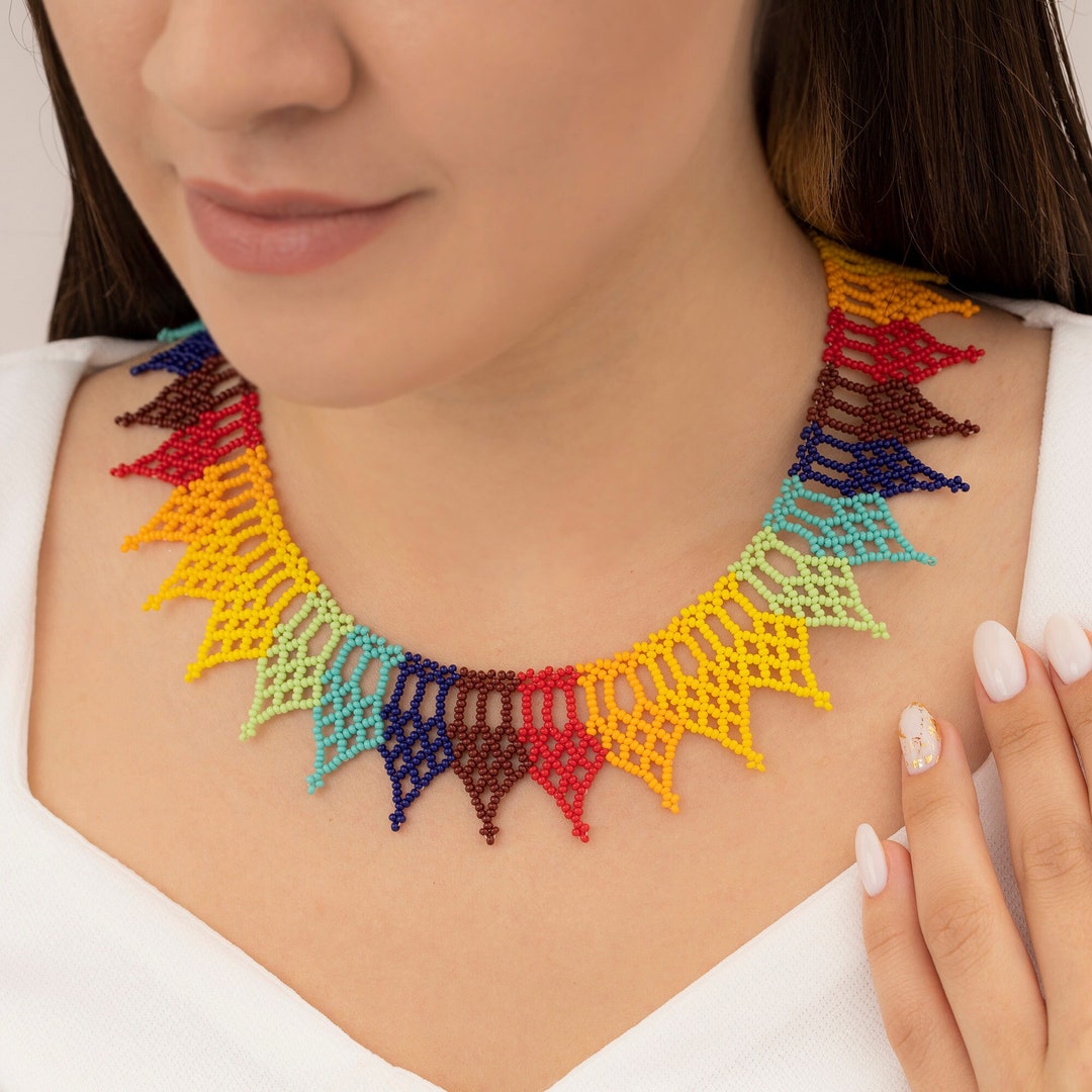 Ivory Beaded Necklace with Rainbow Pendant