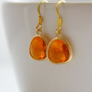 Cute Orange Earrings, Tangerine Drop Earrings, Indian Yellow Dangle Earrings, Silver Crystal Earrings, Bridesmaid Earrings Gold