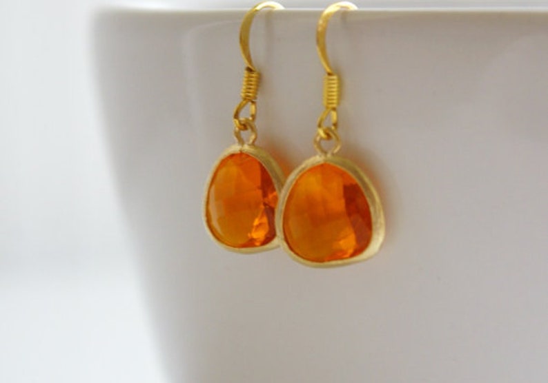 Cute Orange Earrings, Tangerine Drop Earrings, Indian Yellow Dangle Earrings, Silver Crystal Earrings, Bridesmaid Earrings Gold