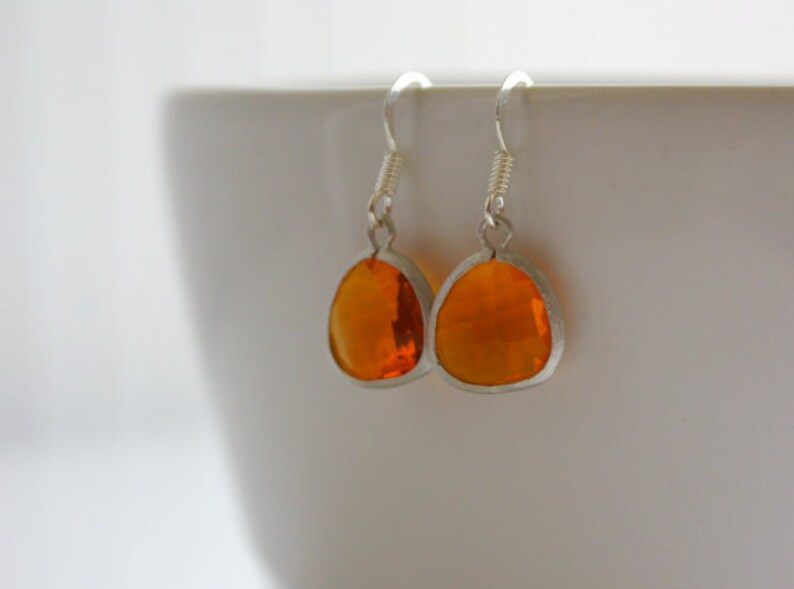 Cute Orange Earrings, Tangerine Drop Earrings, Indian Yellow Dangle Earrings, Silver Crystal Earrings, Bridesmaid Earrings zdjęcie 2