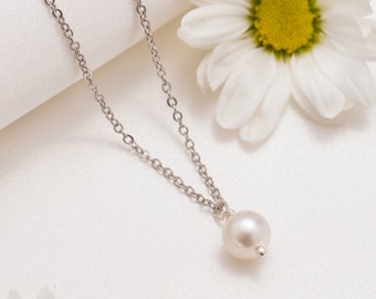 Single Pearl Bridal Necklace, Dainty Pendant Necklace, Wedding Pearl Gift, Bridesmaid Gifts, Christmas Gift