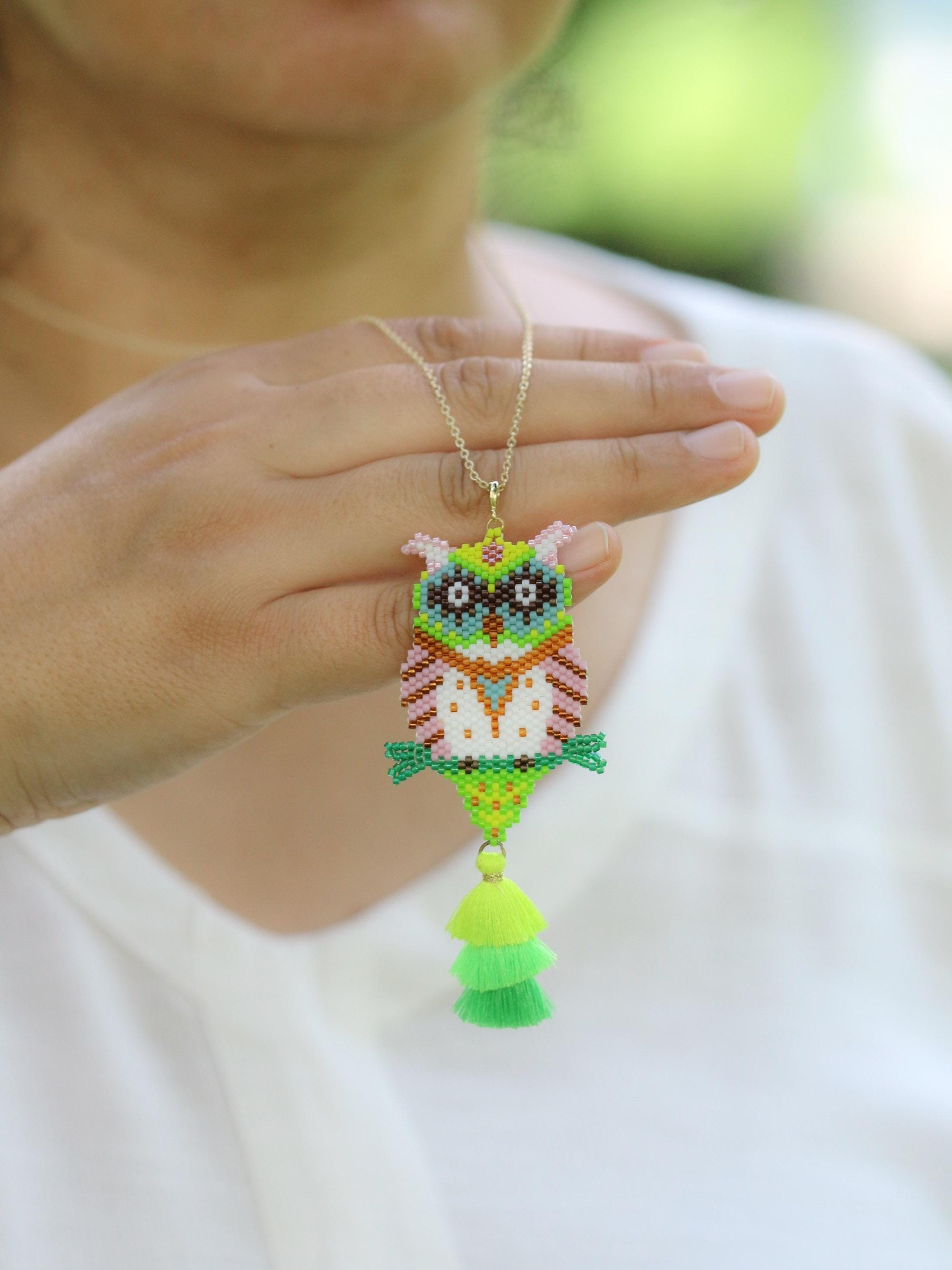 Handmade Beaded Owl Necklace - Long Chain with Tassels, Colorful Boho Jewelry, Nature-Inspired Gift 