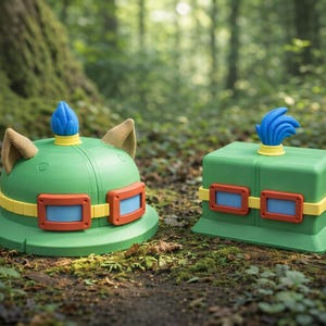 Puede incluir: Dos sombreros verdes de novedad con detalles de plumas azules, bandas amarillas y detalles rectangulares naranjas y azules. Uno es redondo con orejas marrones, el otro tiene forma de caja cuadrada. En un entorno forestal.