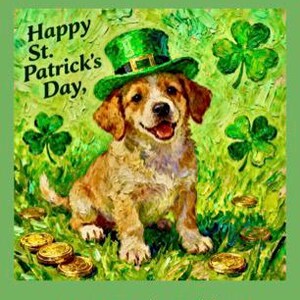 May include: A digital painting of a dog wearing a green hat, surrounded by shamrocks and gold coins, celebrating St. Patrick's Day. The text reads "Happy St. Patrick's Day, May magic and joy be with you all year!"