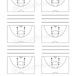 Może przedstawiać: Drukowany schemat boiska do koszykówki z liniami do rysowania schematów gry. Boisko jest czarno-białe z piłką do koszykówki w środku.