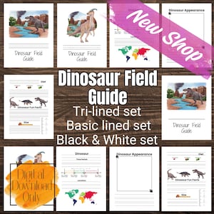 May include: Printable dinosaur field guide worksheets. The worksheets include sections for dinosaur appearance, diet, fun facts, size, time period, and location. The worksheets are available in three styles: tri-lined, basic lined, and black and white.