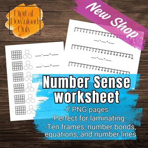 Pode incluir: Folhas de trabalho brancas com linhas numéricas, molduras de dez e equações. A imagem mostra o texto "Number Sense Worksheet", "Somente download digital" e "Nova loja". Projetado para fins educacionais.