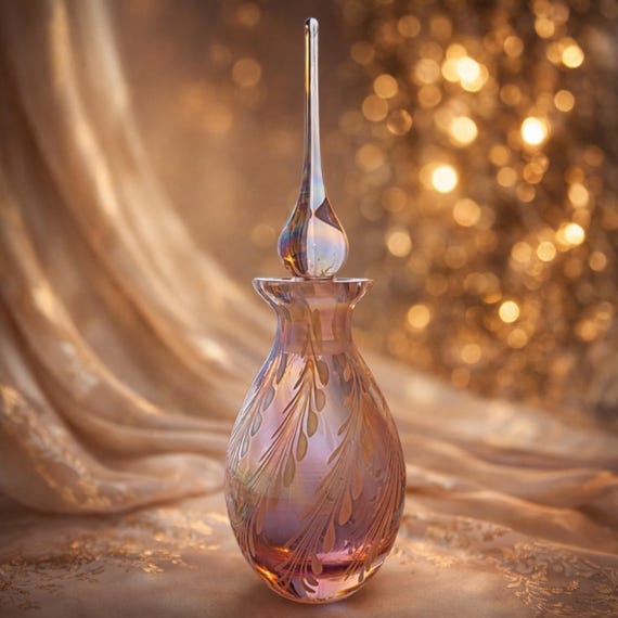 Vintage Iridescent Etched Glass Perfume Bottle Empty Art Glass
